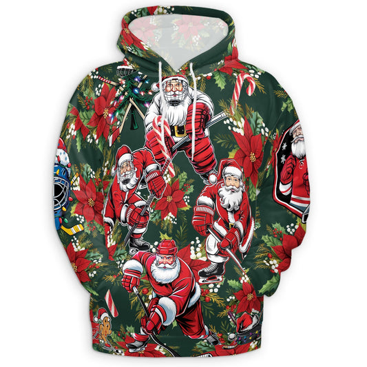 Santa Claus Hockey All Over Print Hoodie, Funny Christmas Sports Graphic Design