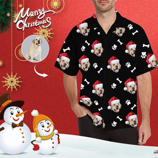 Custom Face Dog Bone Christmas Hat Men's All Over Print Hawaiian Shirt