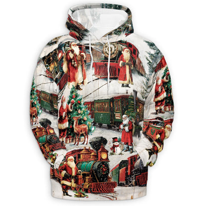 Vintage Christmas Train All Over Print Hoodie, Retro Graphic Design