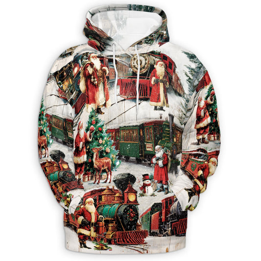 Vintage Christmas Train All Over Print Hoodie, Retro Graphic Design