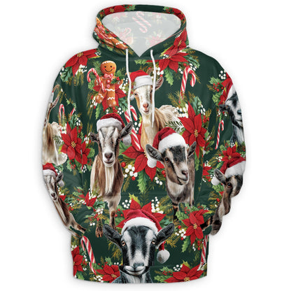 Funny Goat Christmas All Over Print Hoodie, Farm Animal Holiday Graphic Design