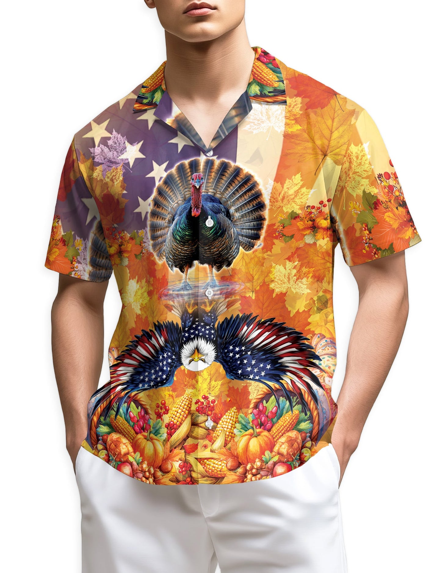 Turkey and Eagle Thanksgiving Hawaiian Shirt for Men, Button Down Aloha Shirt - Azhawaiian