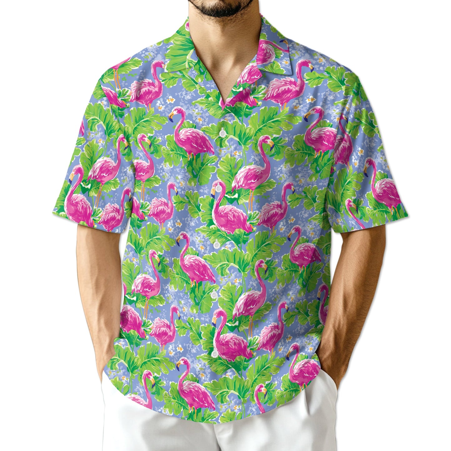Watercolor Tropical Flamingo Hawaiian Shirt for Men, Button Down Aloha Shirt - Azhawaiian