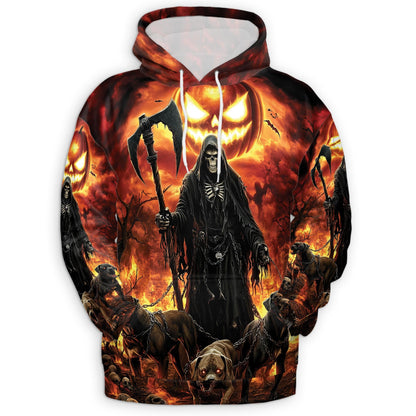 Grim Reaper Halloween All Over Print Hoodie, Graphic Design Dark Hellhound