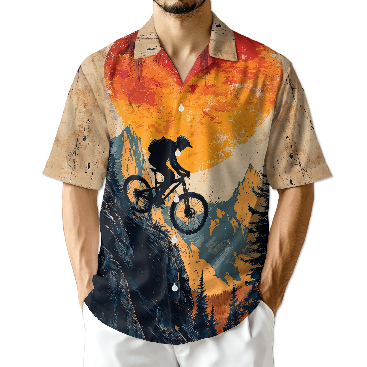 Vintage Mountain Biking Hawaiian Shirt for Men, Button Down Aloha Shirt - Azhawaiian