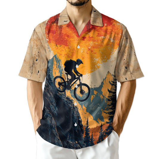 Vintage Mountain Biking Hawaiian Shirt for Men, Button Down Aloha Shirt