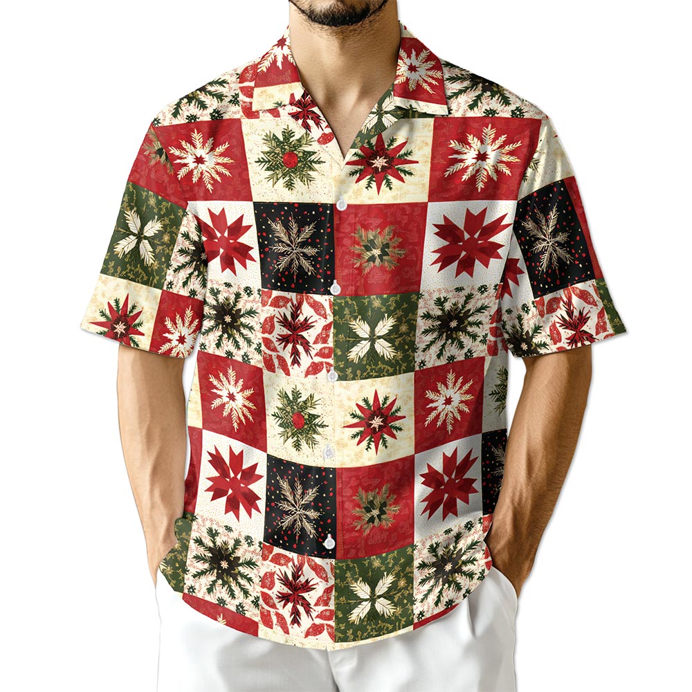 Christmas Quilt Pattern Hawaiian Shirt for Men, Button Down Aloha Shirt - Azhawaiian