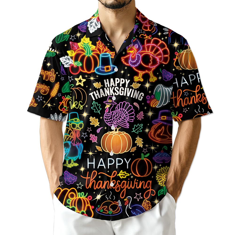 Neon Thanksgiving Hawaiian Shirt for Men, Button Down Aloha Shirt - Azhawaiian
