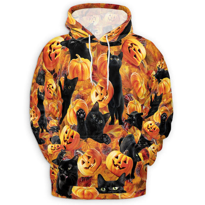 Black Cat and Pumpkin All Over Print Hoodie, Graphic Design Funny Halloween