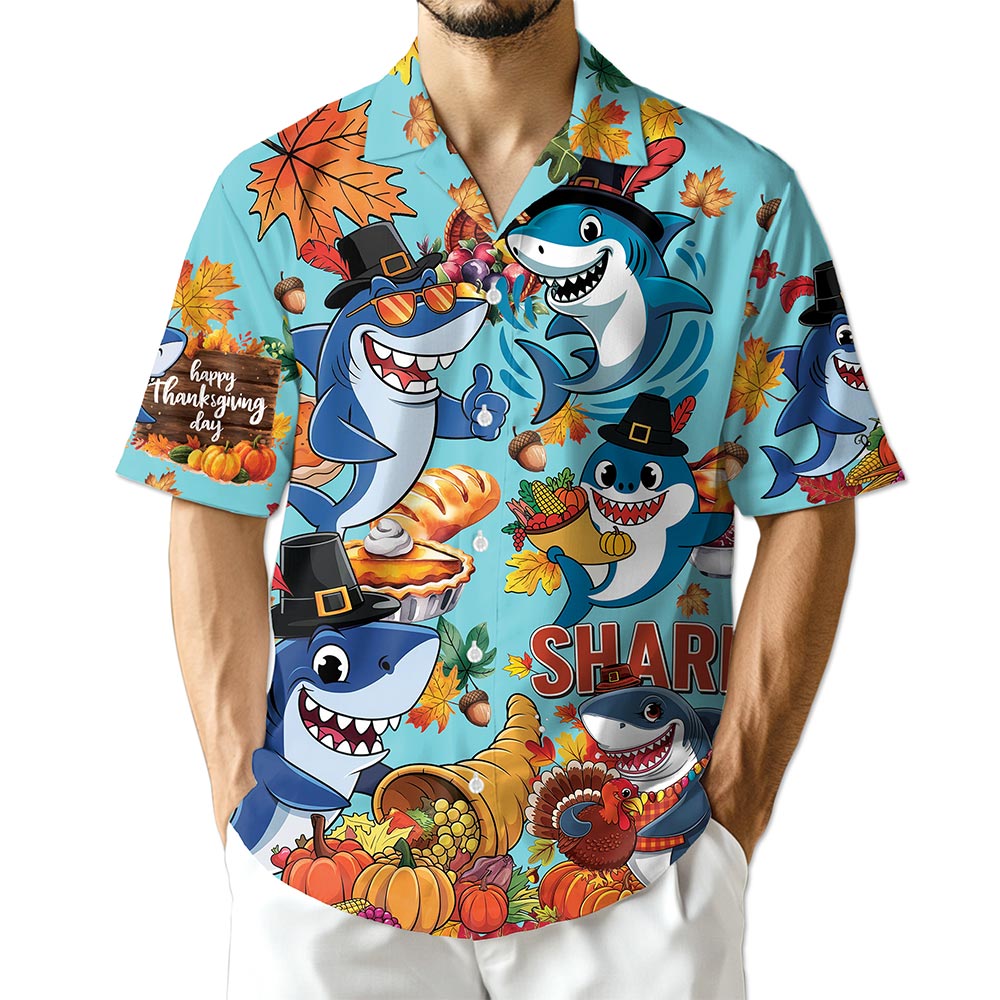 Shark Thanksgiving Hawaiian Shirt for Men, Button Down Aloha Shirt - Azhawaiian