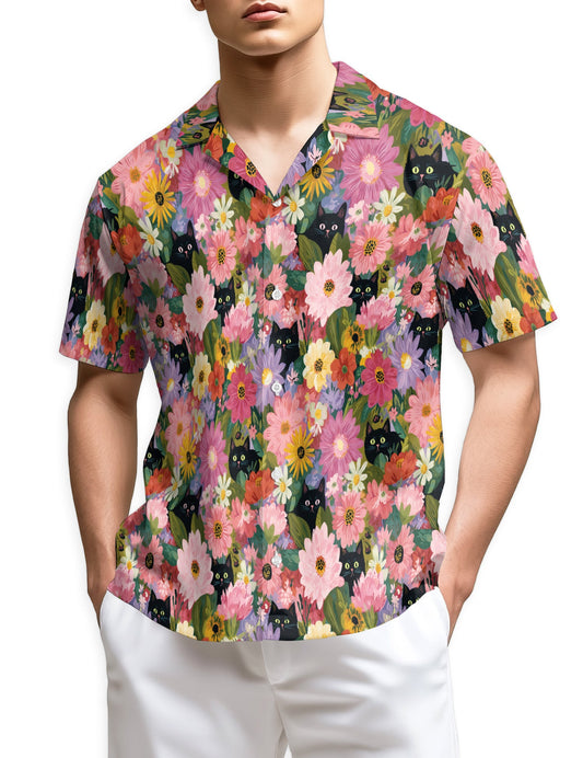 Black Cat Floral Hawaiian Shirt for Men, Button Down Aloha Shirt - Azhawaiian