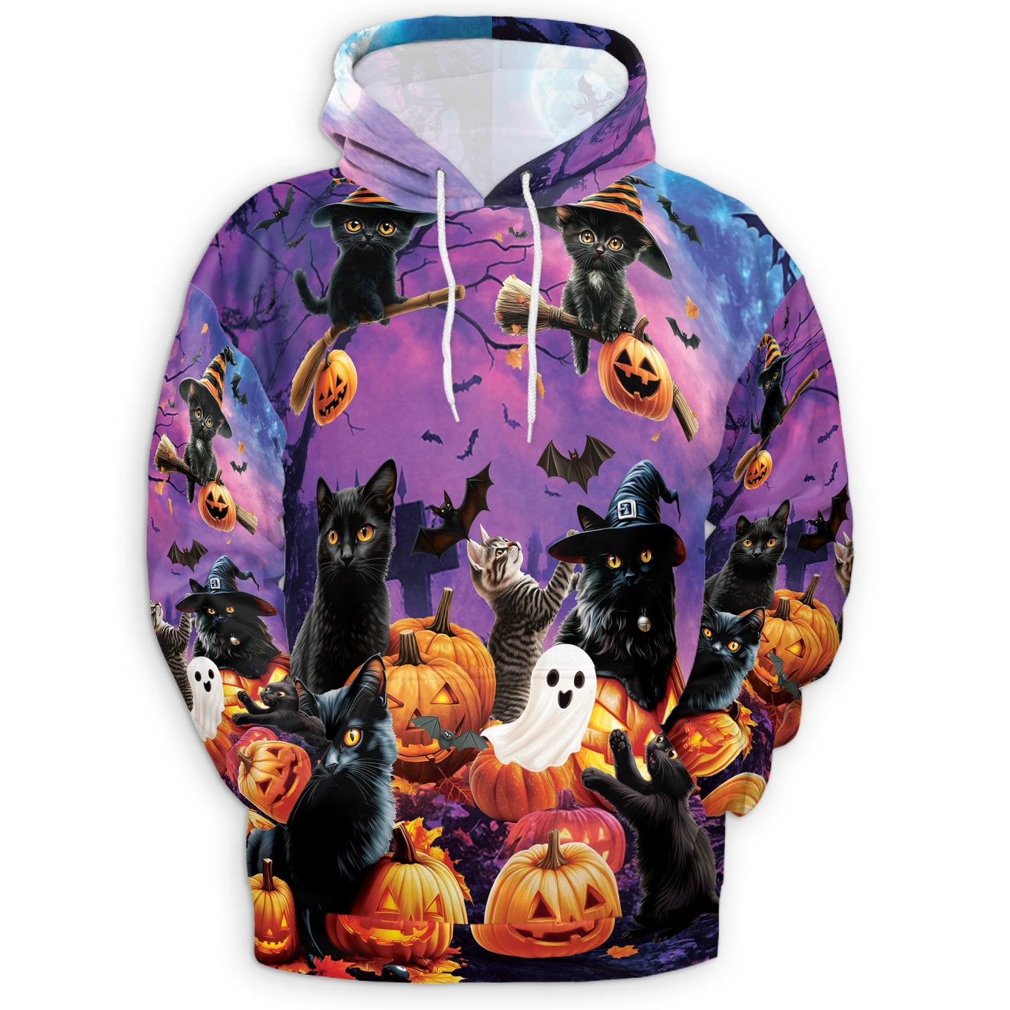 Black Cat Pumpkin Halloween All Over Print Hoodie, Graphic Design Animal Ghost