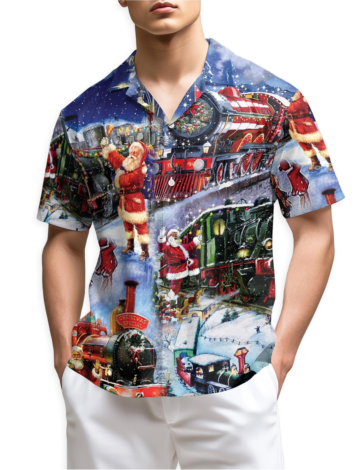 Santa Claus Christmas Train Hawaiian Shirt for Men, Button Down Aloha Shirt - Azhawaiian
