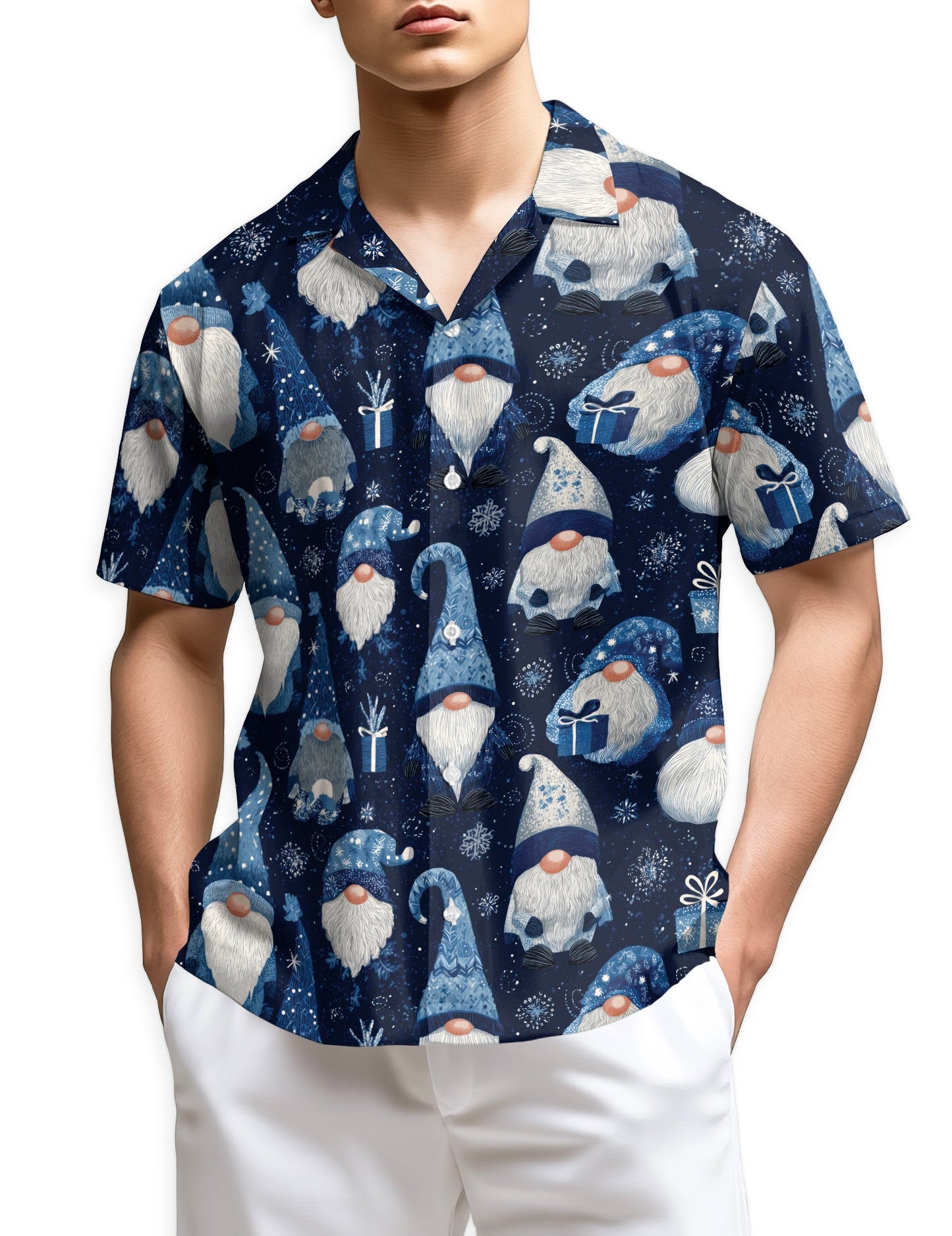 Blue Snow Gnomes Pattern Hawaiian Shirt for Men, Button Down Aloha Shirt - Azhawaiian