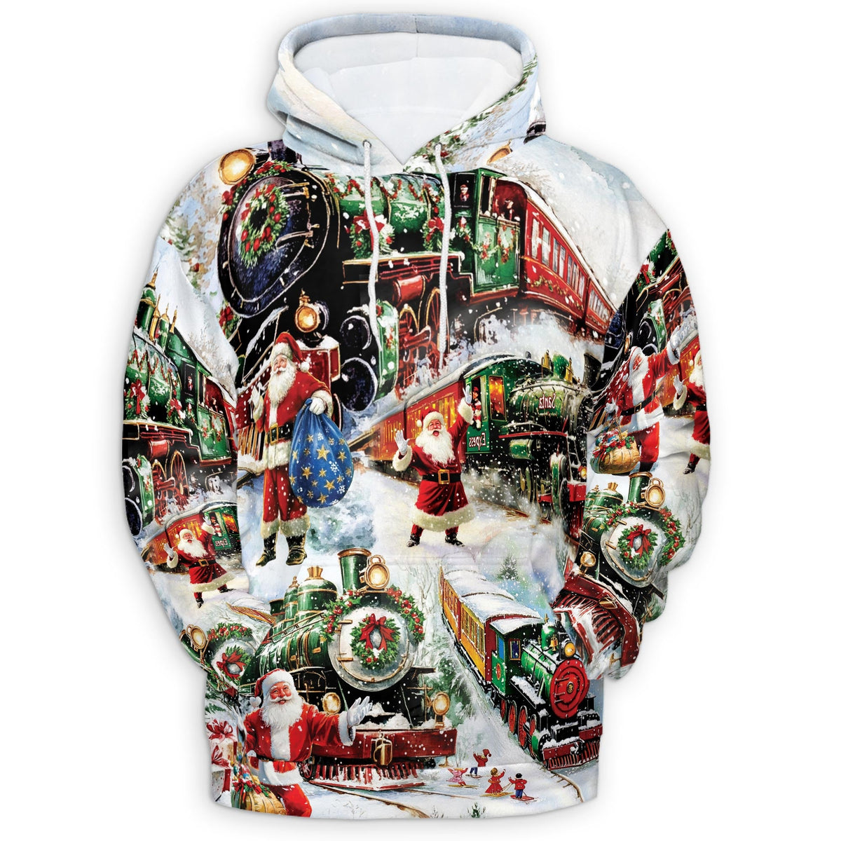 Christmas Train All Over Print Hoodie, Vintage Santa Claus Graphic Design
