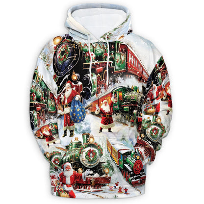 Christmas Train All Over Print Hoodie, Vintage Santa Claus Graphic Design