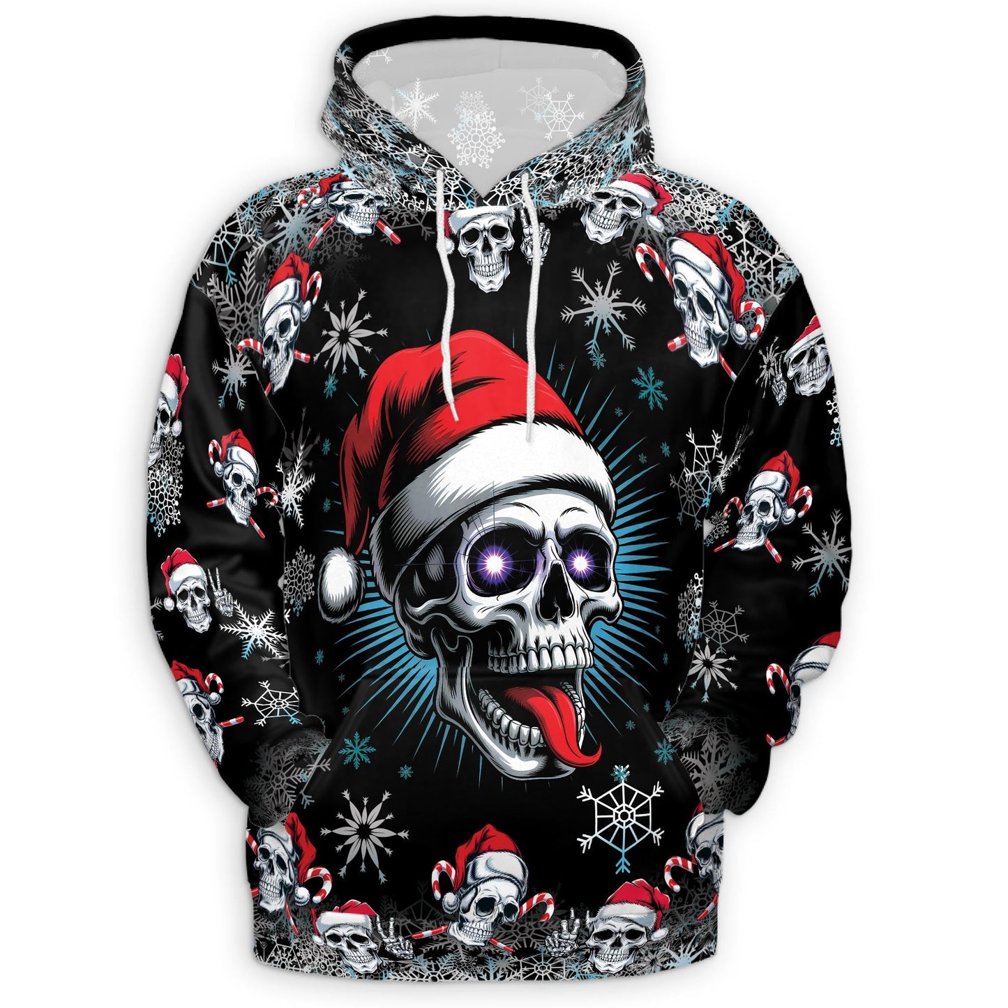 Skull Christmas All Over Print Hoodie, Santa Hat Skeleton Graphic Design