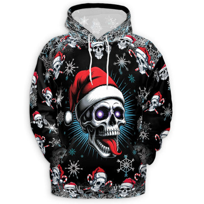 Skull Christmas All Over Print Hoodie, Santa Hat Skeleton Graphic Design