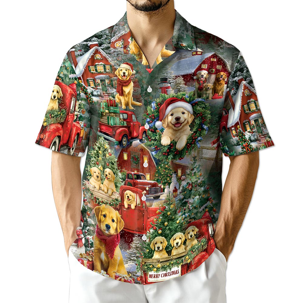 Golden Retriever Christmas Hawaiian Shirt for Men, Button Down Aloha Shirt - Azhawaiian