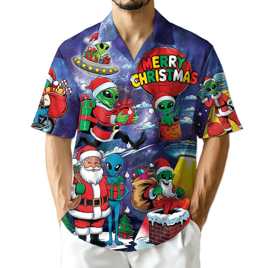 Alien Santa Claus Christmas Hawaiian Shirt for Men, Button Down Aloha Shirt
