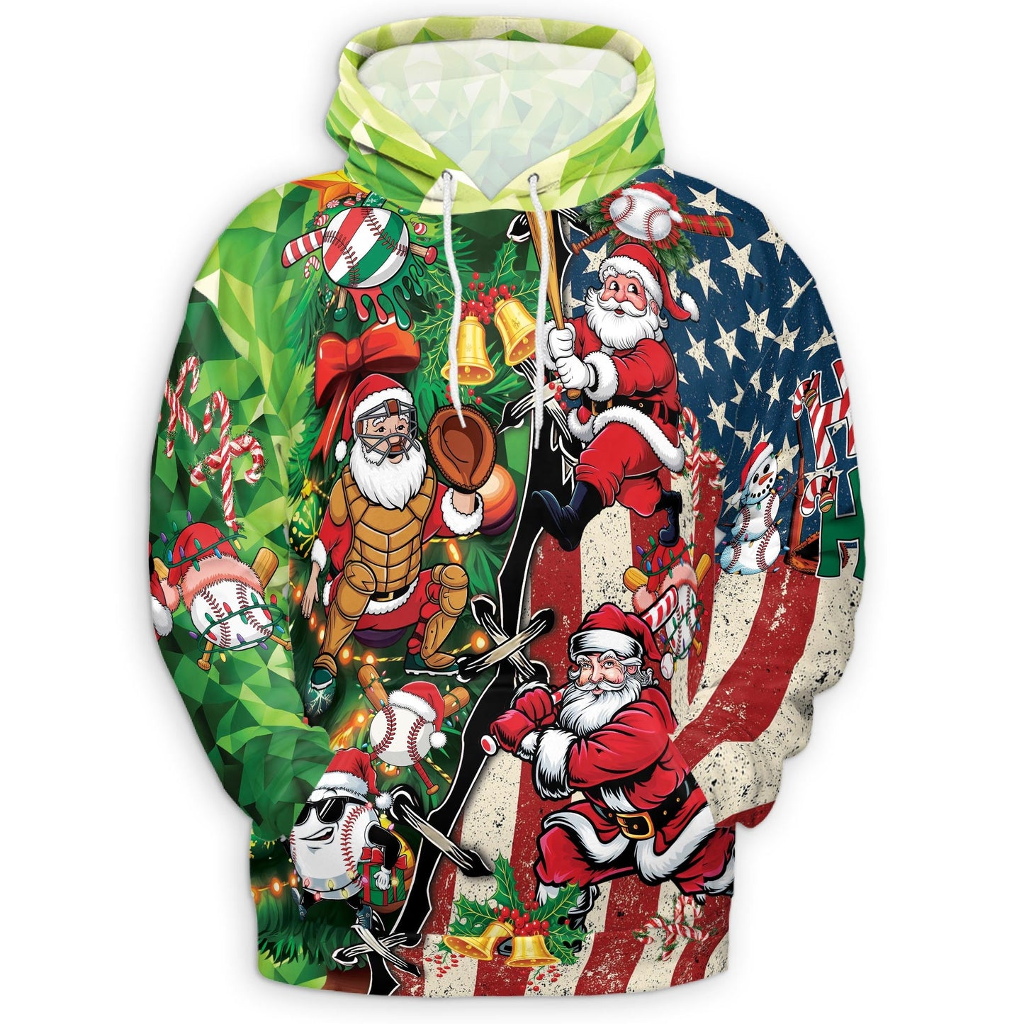 Baseball Santa USA Flag Christmas All Over Print Hoodie