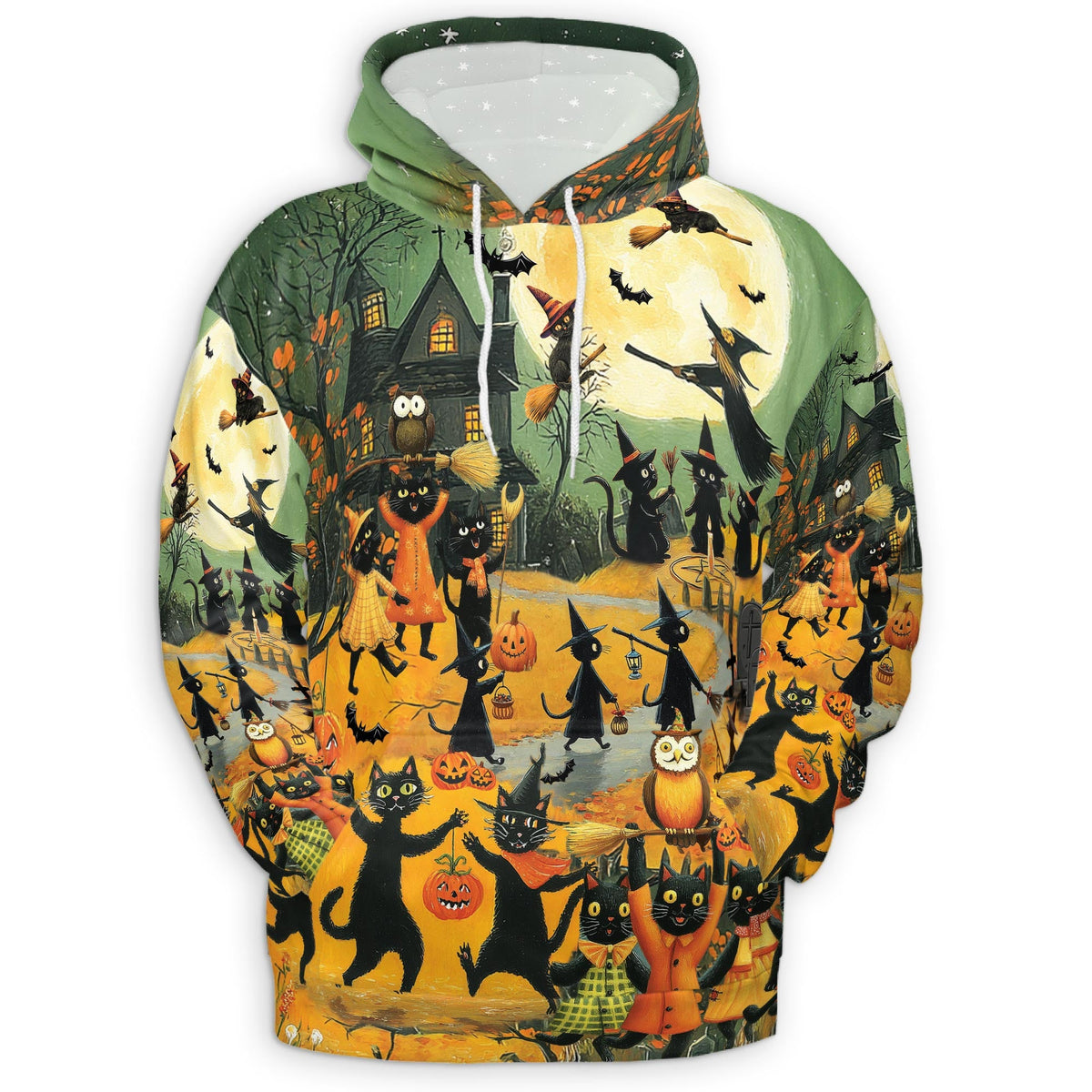 Black Cat Halloween All Over Print Hoodie, Graphic Design Animal Pumpkin