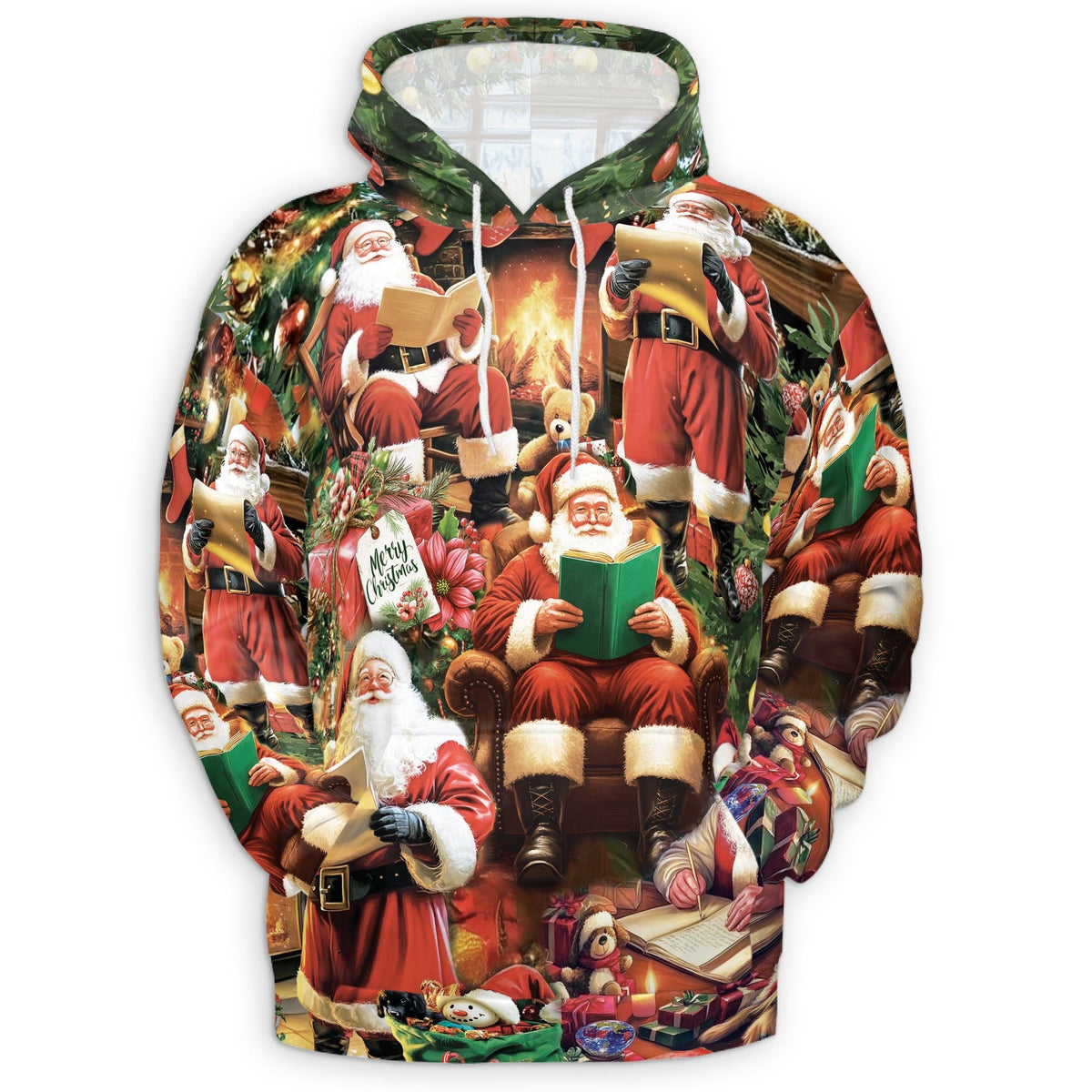 Santa Claus Reading Book Christmas All Over Print Hoodie, Graphic Design