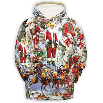 Cowboy Santa Christmas All Over Print Hoodie, Vintage Holiday Graphic Design