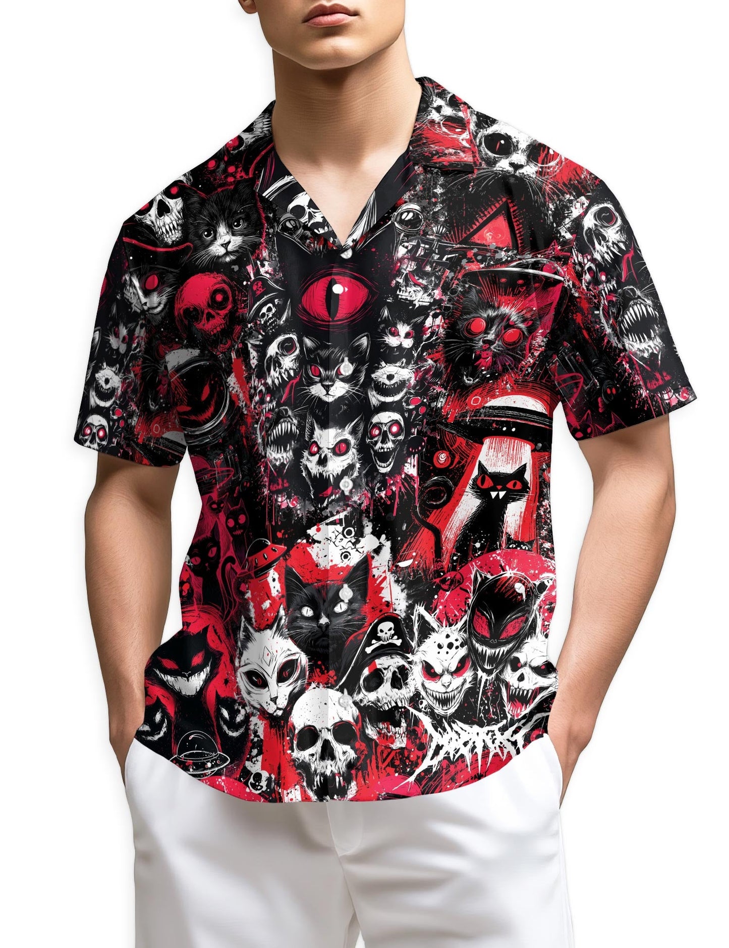 Black Cat UFO Alien Halloween Hawaiian Shirt for Men, Button Down Aloha Shirt - Azhawaiian