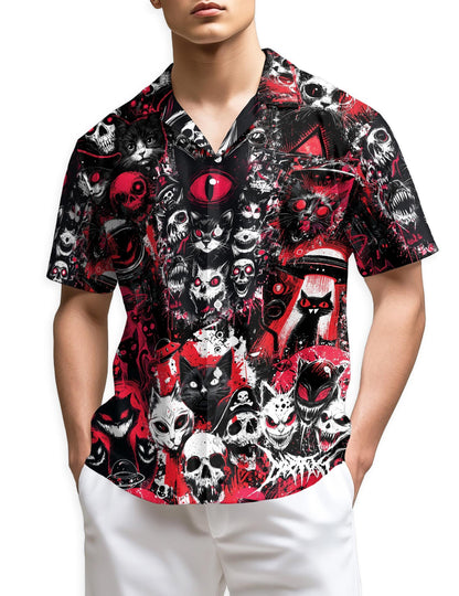 Black Cat UFO Alien Halloween Hawaiian Shirt for Men, Button Down Aloha Shirt - Azhawaiian