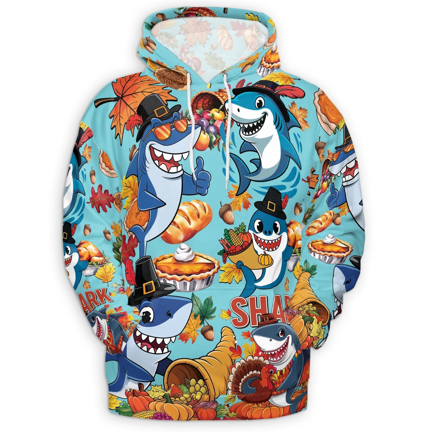 Shark Thanksgiving All Over Print Hoodie, Happy Turkey Day Graphic Design