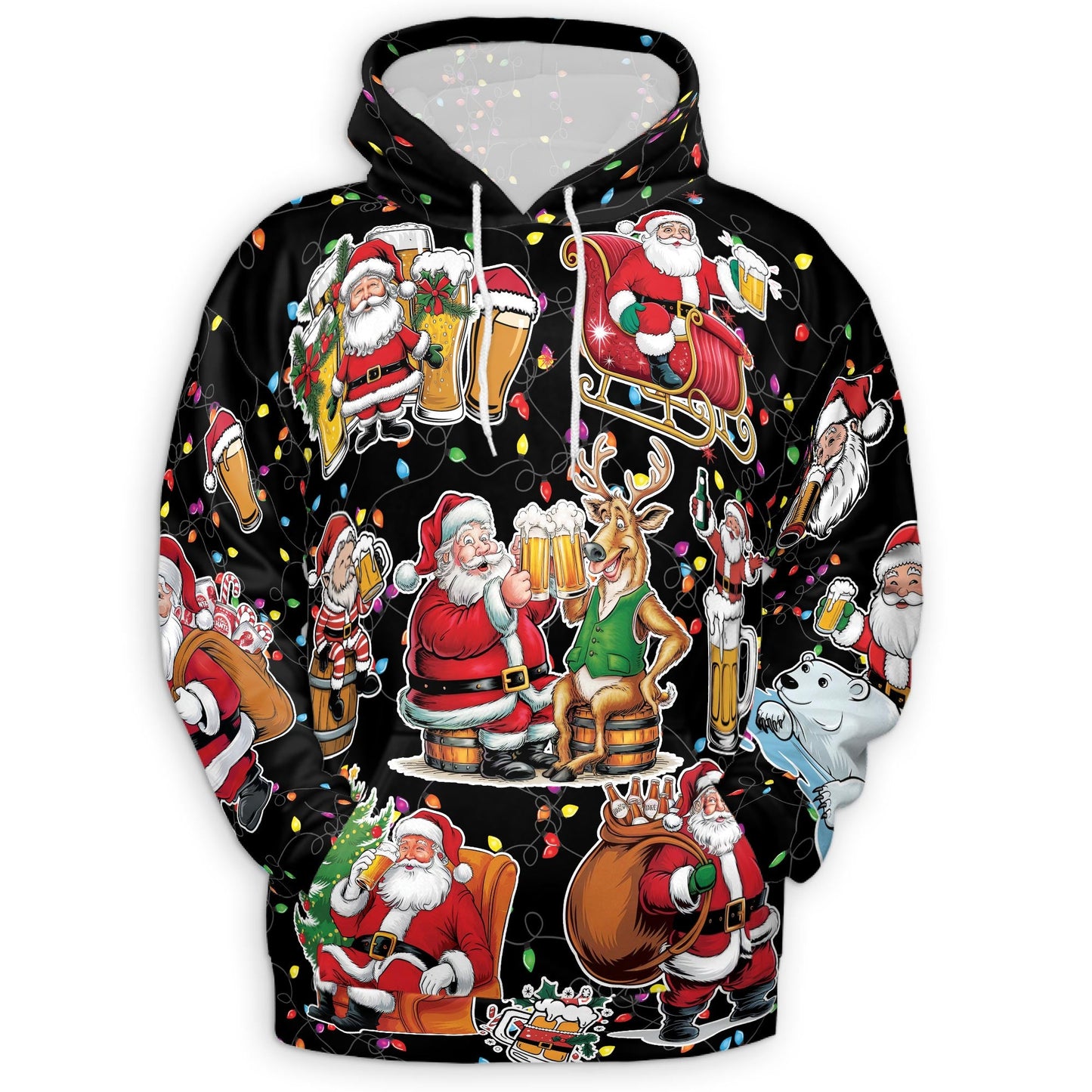 Santa Beer Lover All Over Print Hoodie, Funny Christmas Drinking Graphic Design