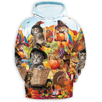 Thanksgiving Cat All Over Print Hoodie, Happy Turkey Day Graphic Design