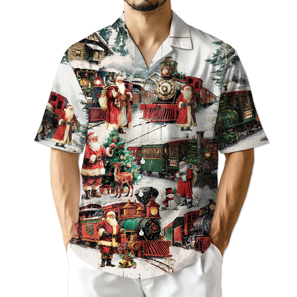 Vintage Christmas Train Hawaiian Shirt for Men, Button Down Aloha Shirt - Azhawaiian