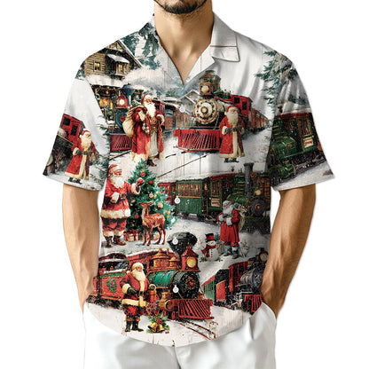 Vintage Christmas Train Hawaiian Shirt for Men, Button Down Aloha Shirt - Azhawaiian