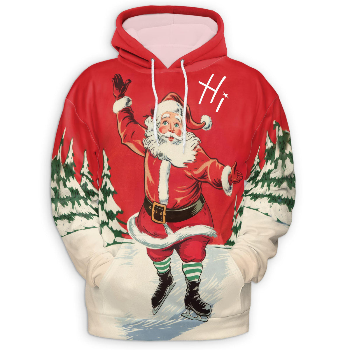 Ice Skating Santa All Over Print Hoodie, Fashion Christmas Graphic Design