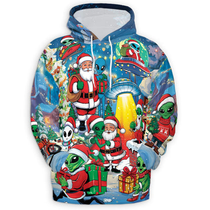 Alien and Santa Claus Christmas All Over Print Hoodie, Funny UFO Graphic Design
