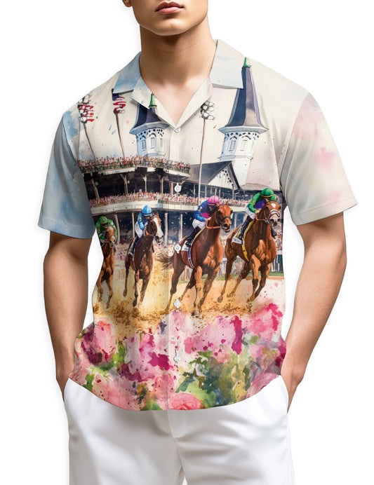Vintage Horse Racing Hawaiian Shirt for Men, Button Down Aloha Shirt