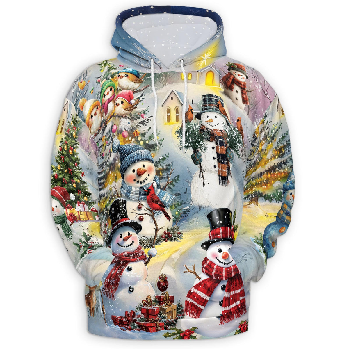 Snowman Christmas All Over Print Hoodie, Graphic Design Winter Snow Tree