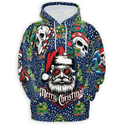 Santa Skull Christmas All Over Print Hoodie, Graphic Design Gothic Skeleton Santa