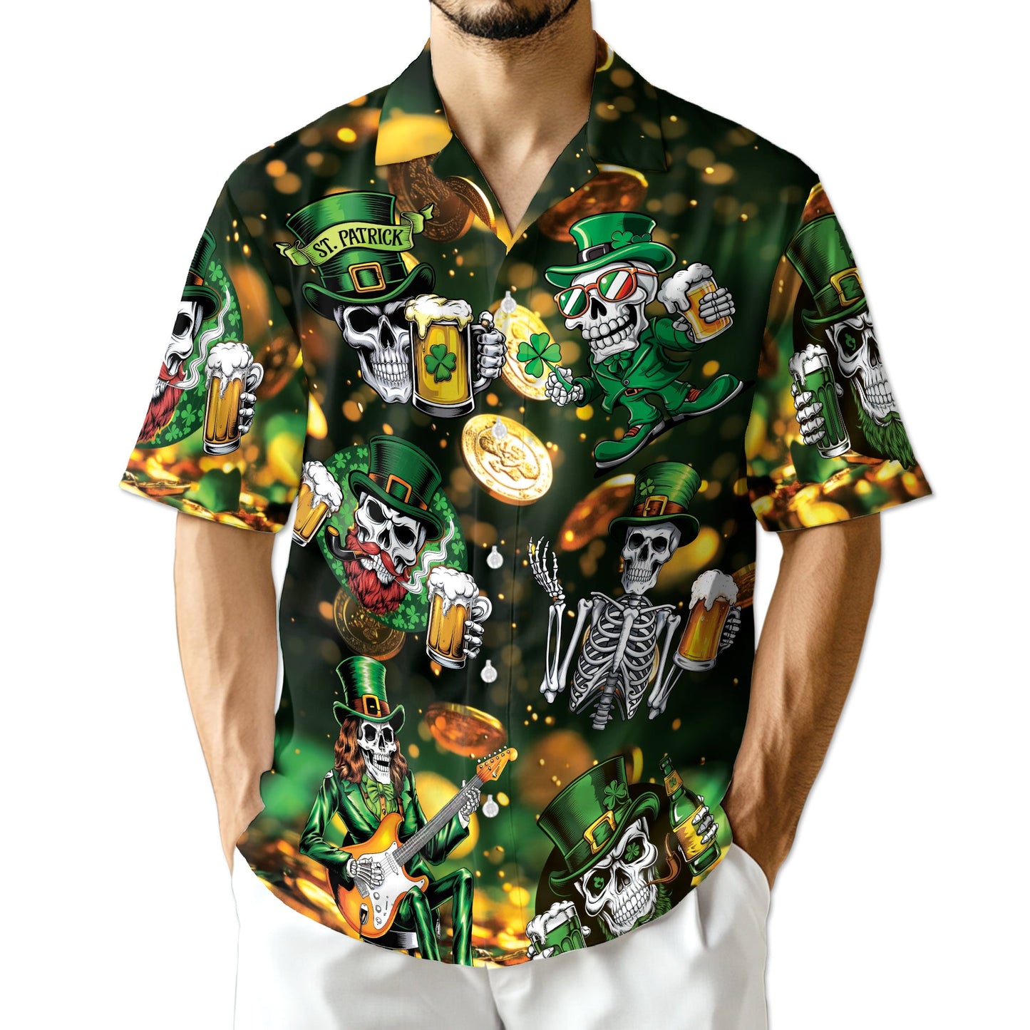 St Patrick's Day Skull Beer Hawaiian Shirt for Men, Button Down Aloha Shirt - Azhawaiian