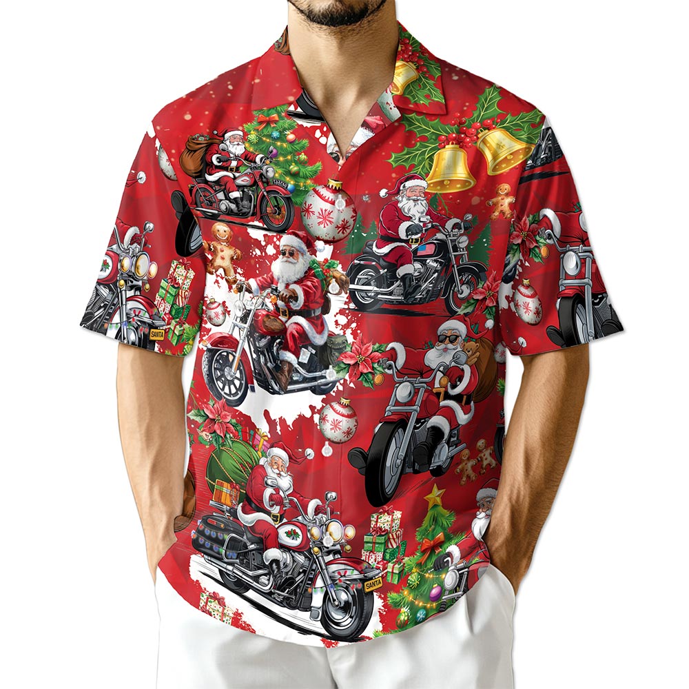 Santa Claus Riding Motorcycle Christmas Hawaiian Shirt for Men, Button Down Aloha Shirt - Azhawaiian