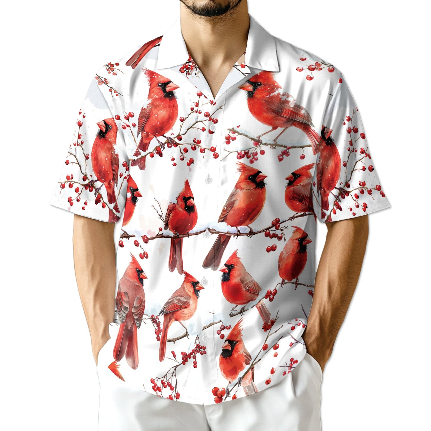 Snow Cardinal Hawaiian Shirt for Men, Button Down Aloha Shirt - Azhawaiian