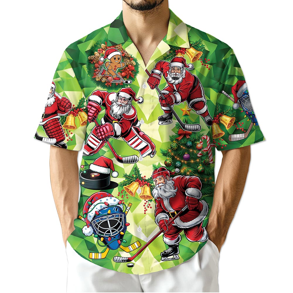 Santa Claus Ice Hockey Christmas Hawaiian Shirt for Men, Button Down Aloha Shirt - Azhawaiian