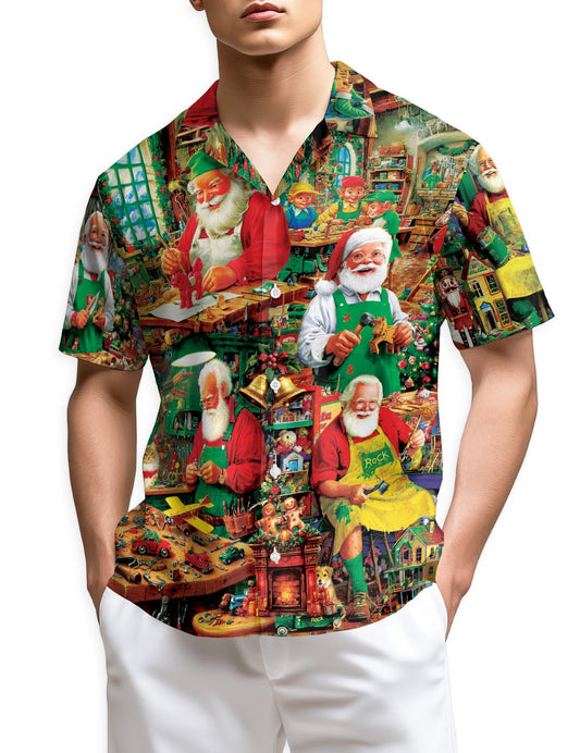 Vintage Santa Claus Workshop Hawaiian Shirt for Men, Button Down Aloha Shirt