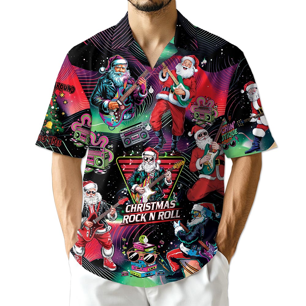 Santa Claus Rock Guitar Christmas Hawaiian Shirt for Men, Button Down Aloha Shirt - Azhawaiian