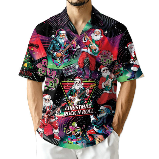 Santa Claus Rock Guitar Christmas Hawaiian Shirt for Men, Button Down Aloha Shirt