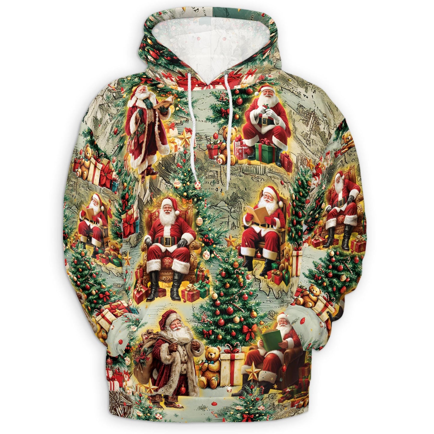 Vintage Santa Claus All Over Print Hoodie, Xmas Graphic Design