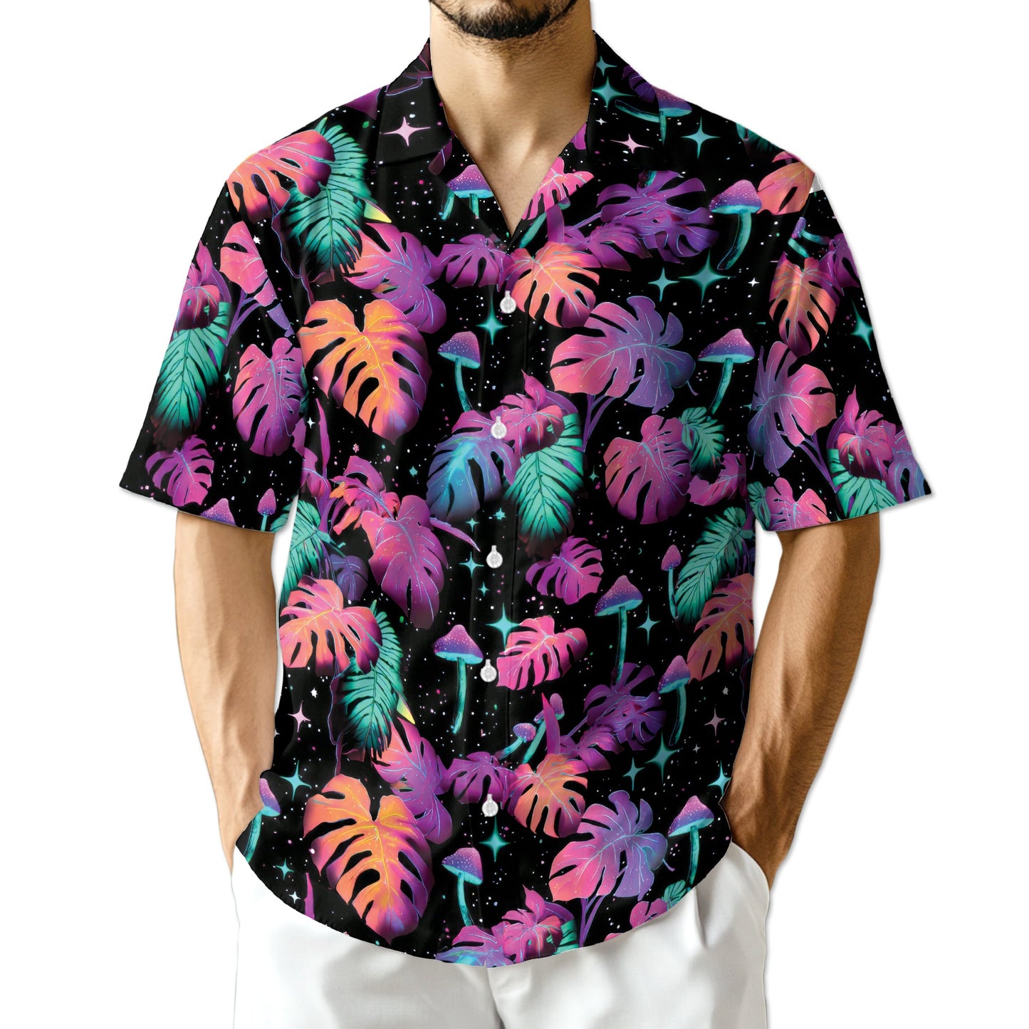 Tropical Neon Mushroom Hawaiian Shirt for Men, Button Down Aloha Shirt - Azhawaiian