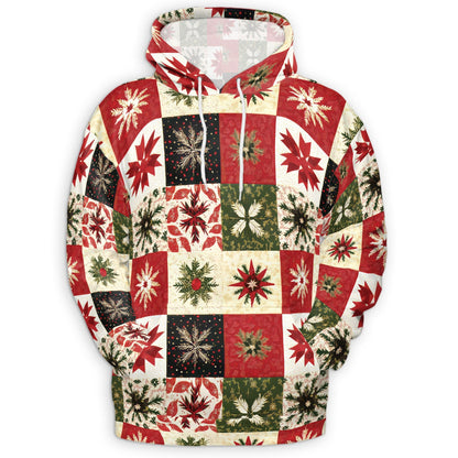 Christmas Quilt Pattern All Over Print Hoodie, Patchwork Style Graphic Design